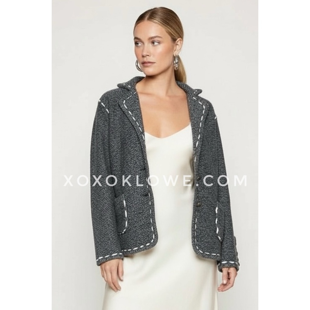 POL Dark Heather Grey Knit Blazer Cardigan | Contrast Stitch Sweater - Picture 9 of 9